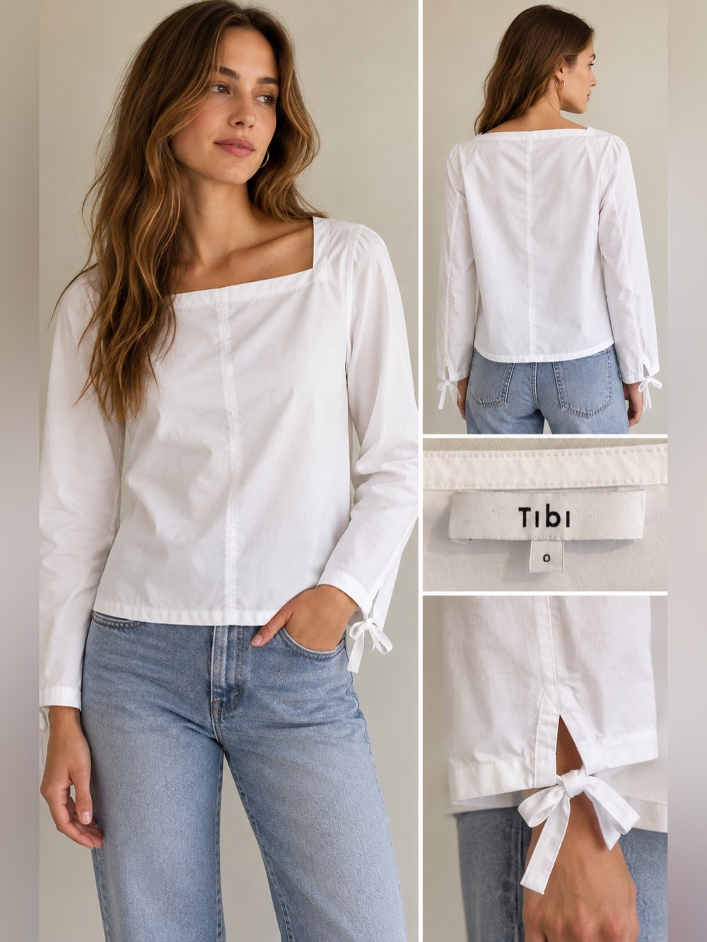Tibi White Cotton Square Neck Long Sleeve Blouse Top Size 8
